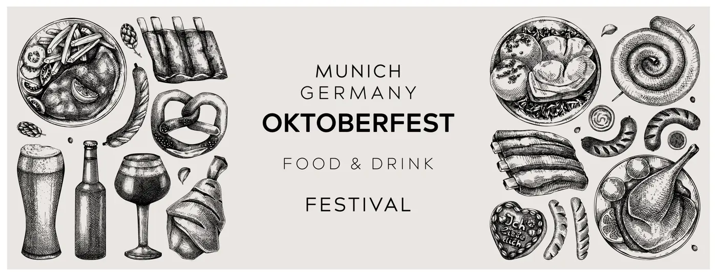 Vintage style German food sketch collection. Oktoberfest menu design elements. Hand drawn vector dishes drawings set. German cuisine menu. Black and white food sketched illustrations Illustration
